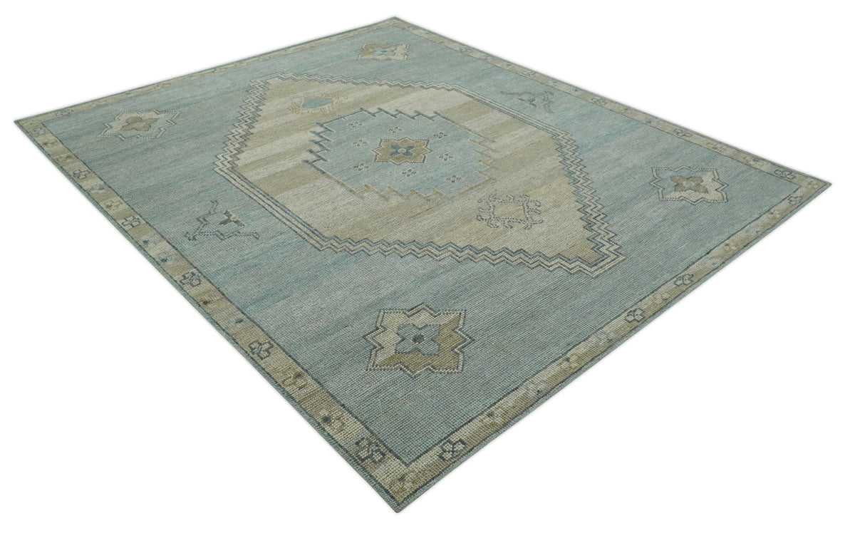 Traditional Medallion Design Blue and Beige Hand Knotted Wool Rug Custom Made.