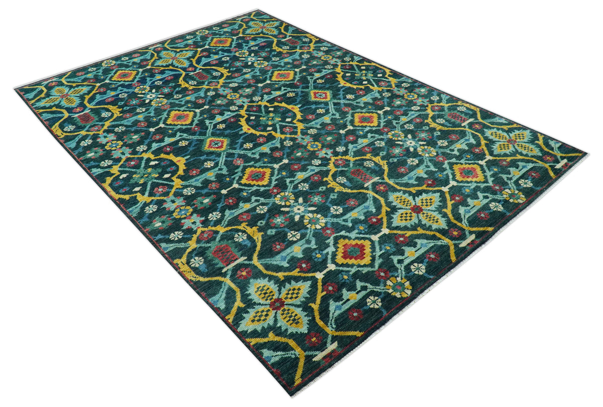 Custom Made Teal And Mustard Traditional Floral Motifs Hand Knotted Wool Rug.