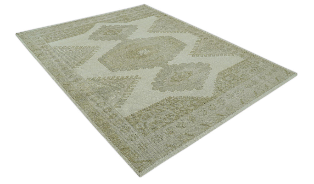 Custom Made Traditional Turkish Design Beige Hand knotted Wool Area Rug.