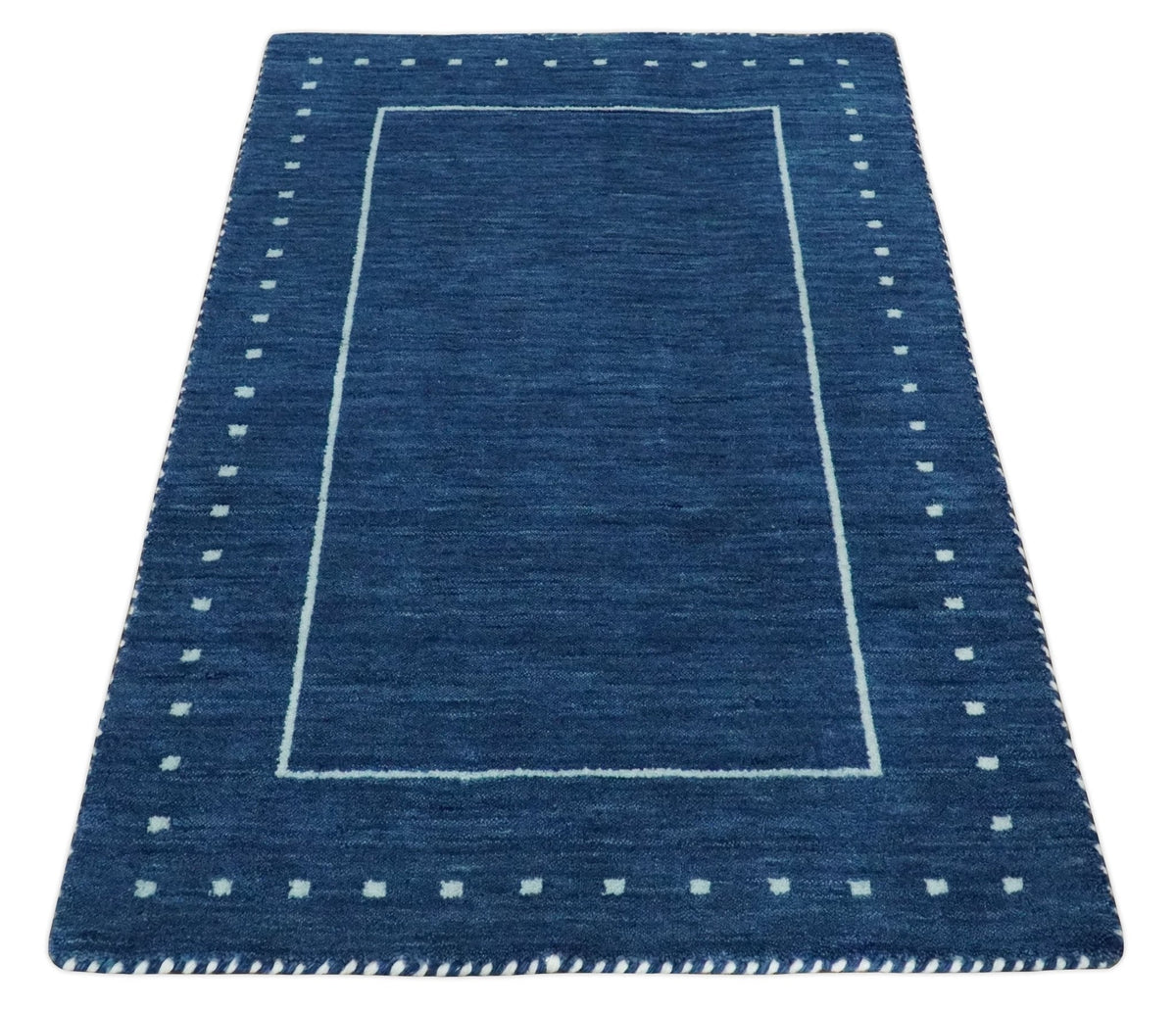 Modern Solid Plane Blue Hand Loomed Southwestern Custom Made wool Area Rug.