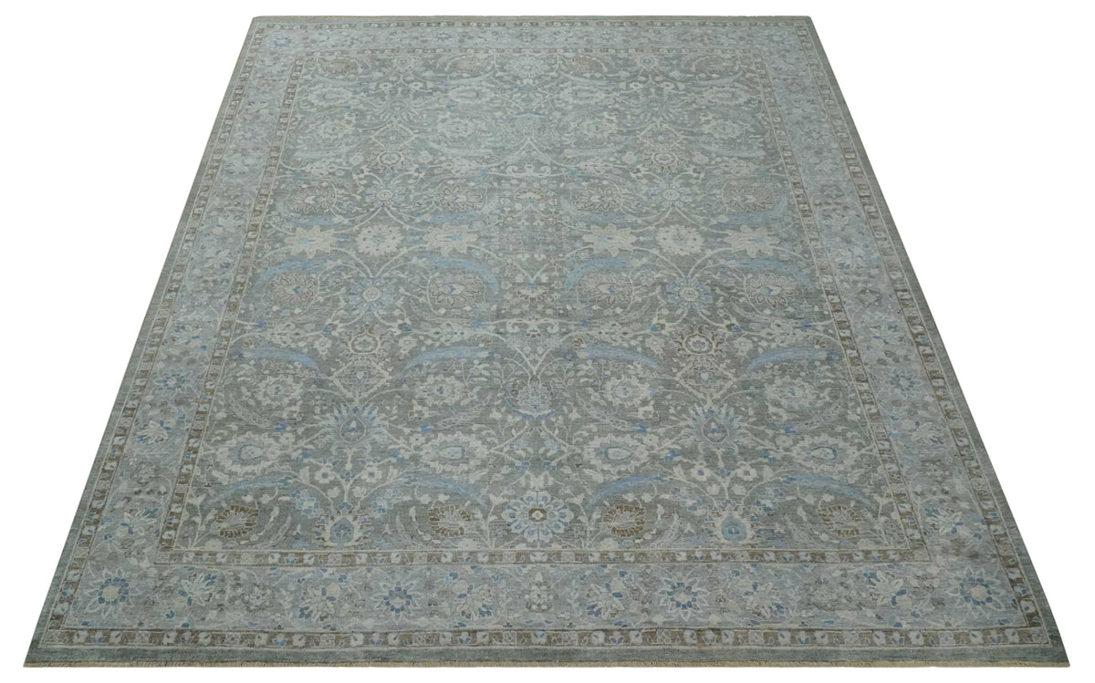 Antique Style Blue, Gray and Beige Hand knotted Classic Distressed Finished Custom Made wool Area Rug.