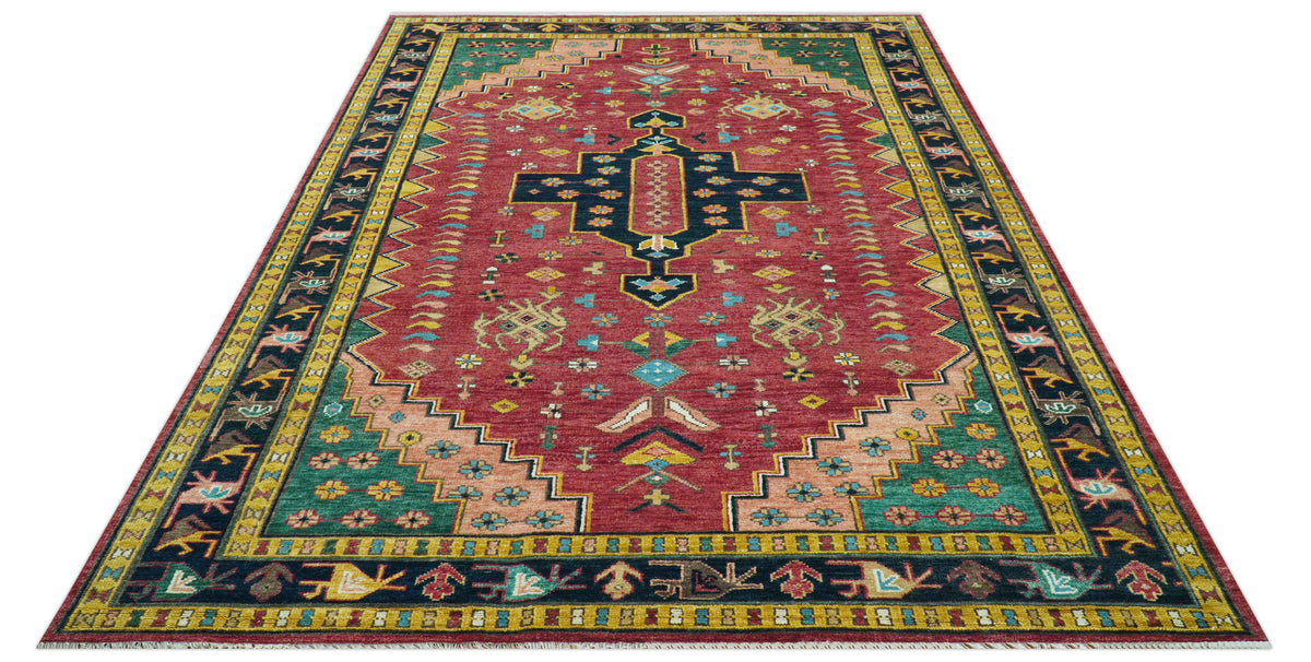 Custom Made Red And Green Traditional Heriz Design Hand Knotted Wool Rug.