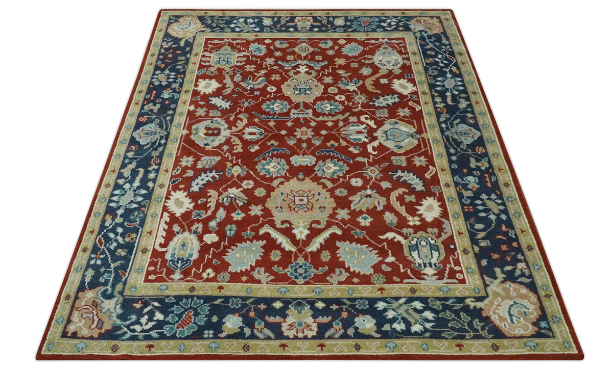 Floral Brown, Blue and Beige Hand Knotted Oriental Oushak Multi Size wool Area Rug.