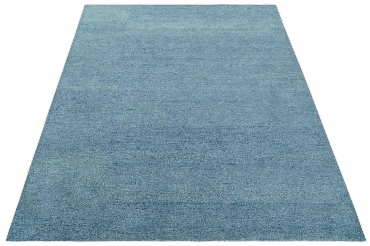 Custom Made Solid Plane Light Blue Woolen Hand Tufted wool area Rug.