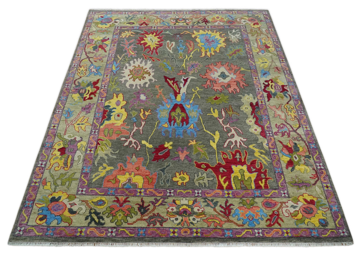 Gray and Olive Wool Colorful Hand knotted Traditional Oushak Multi Size wool Area Rug.