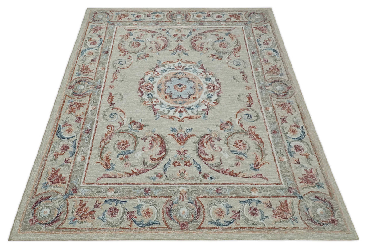 French Inspired Aubusson design Custom Made Beige, Brown and Blue Hand Tufted wool Area Rug.