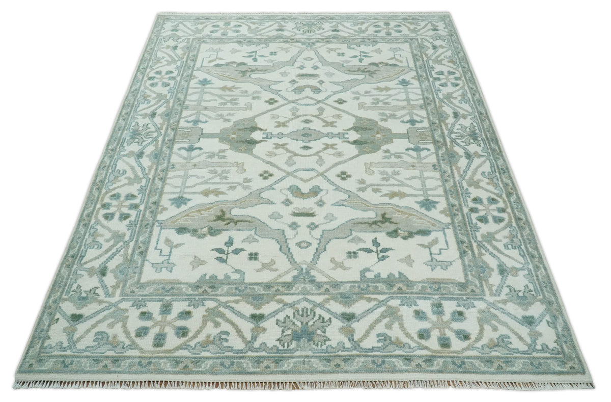Custom Made Hand Knotted Oriental Oushak Ivory and Teal Wool Area Rug.