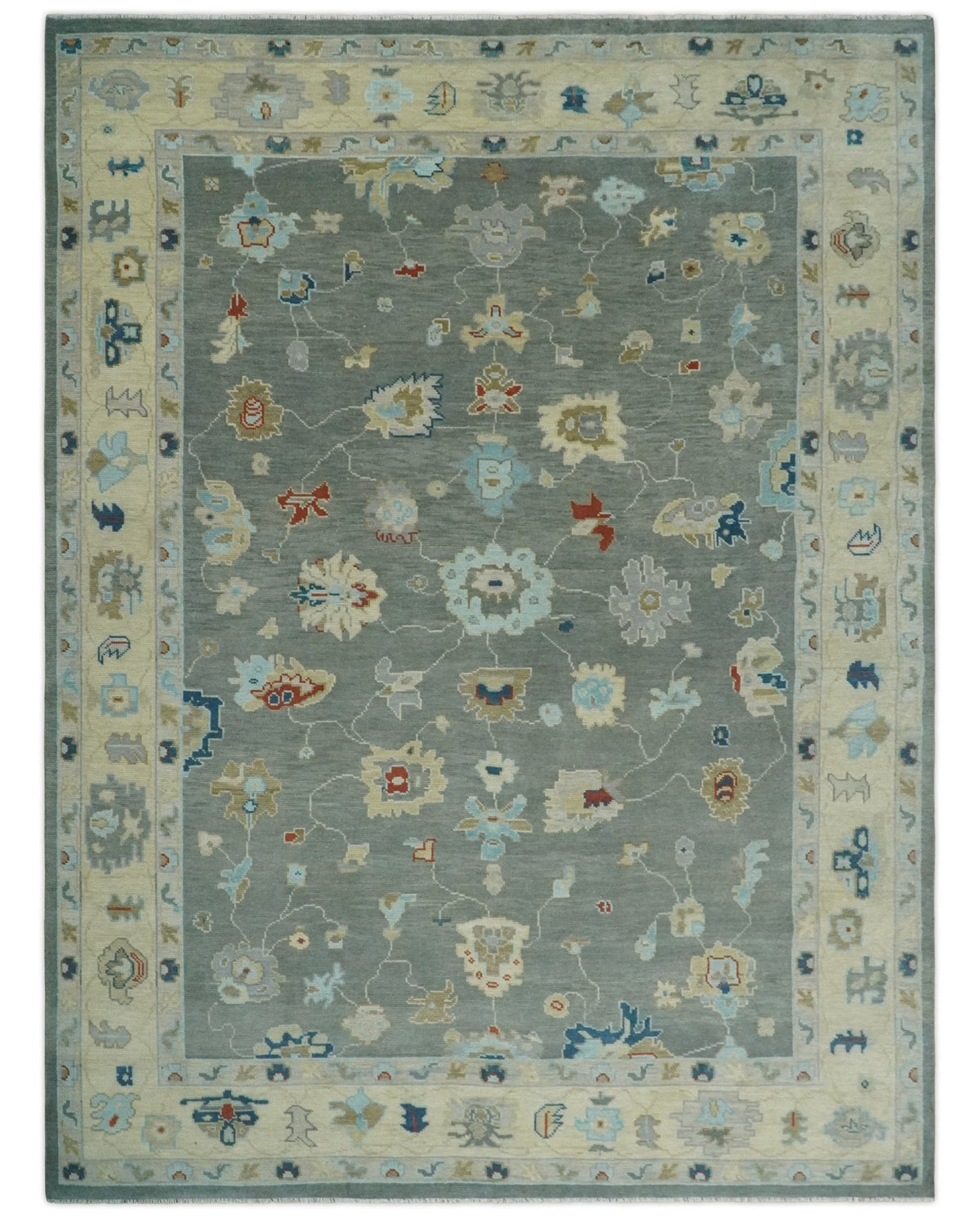 Hand knotted Gray and Beige Traditional Oushak Wool Area Rug.