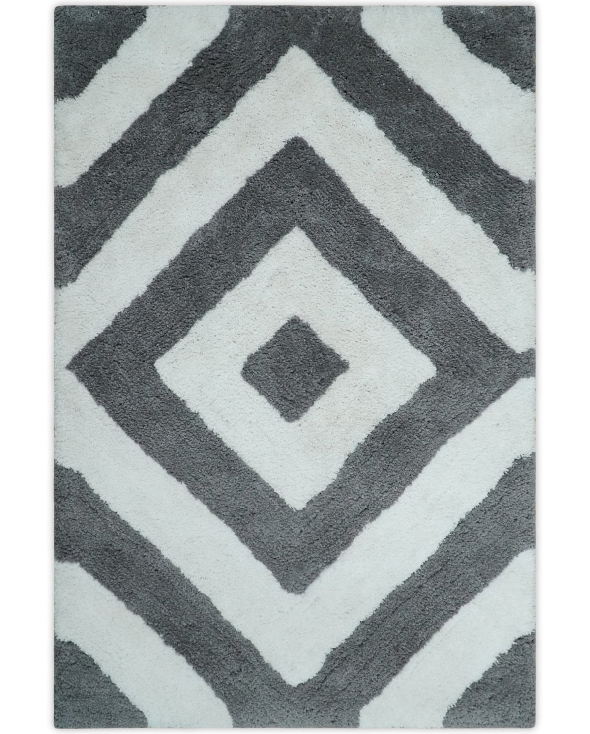 3x5, 4x6 and 5x7 Hand Woven Shag Ivory and Gray Geometrical Pattern Art Silk Soft Viscose Area Rug.