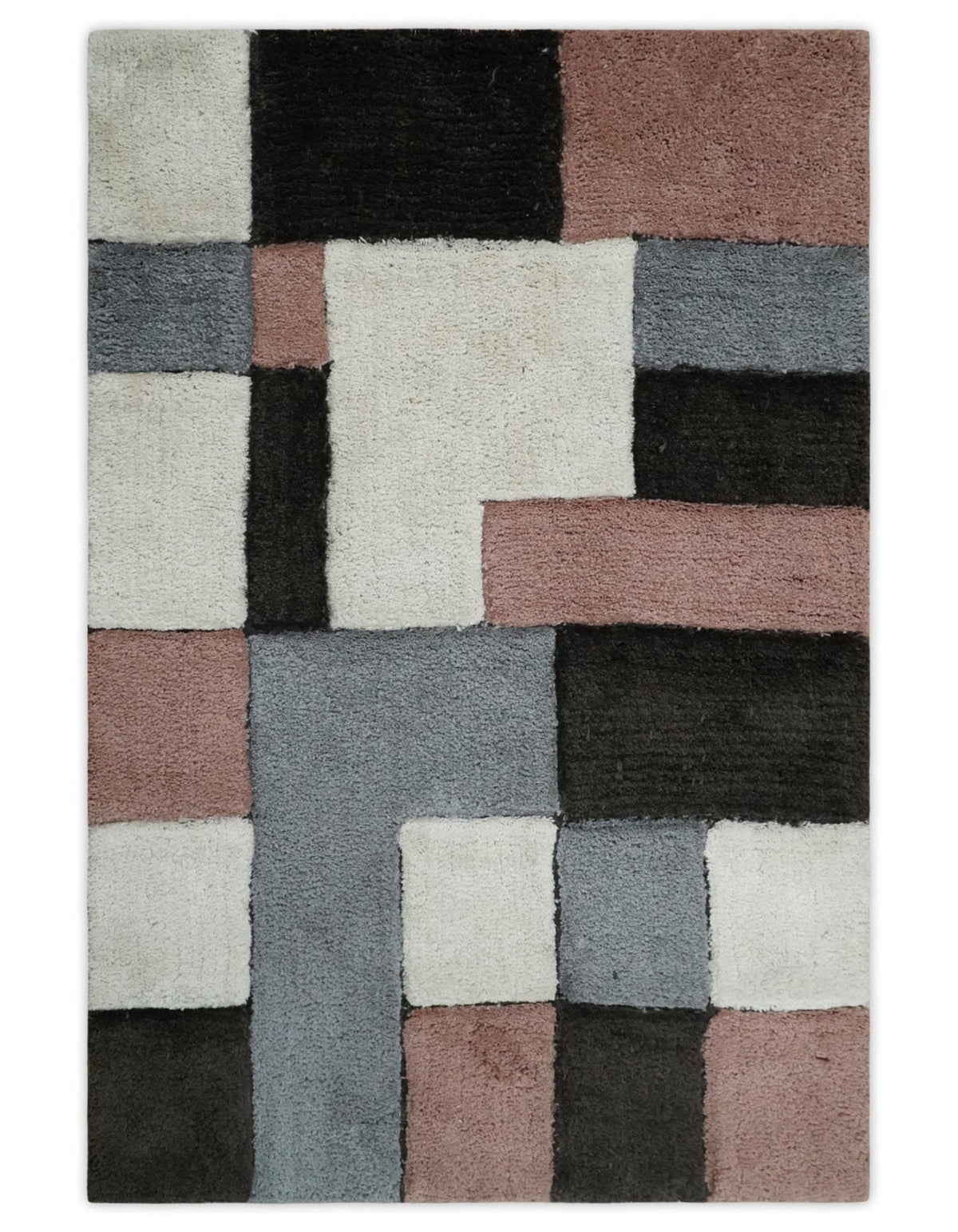 3x5, 4x6 and 5x7 Hand Woven Shag Ivory. Charcoal and Peach Art Silk Soft Viscose Area Rug.