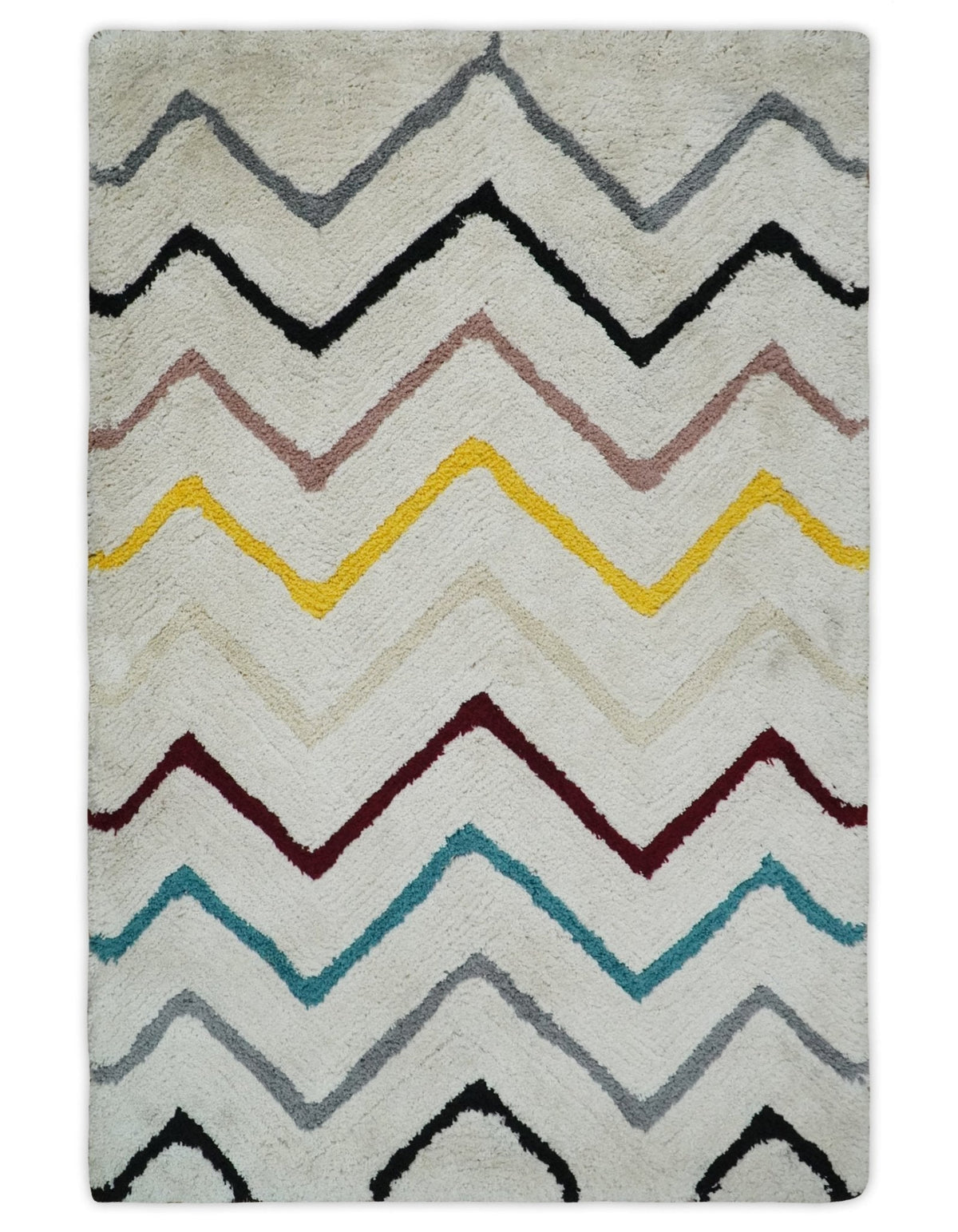 3x5, 4x6 and 5x7 Hand Woven Shag Ivory with multicolor Stripes Art Silk Soft Viscose Area Rug.