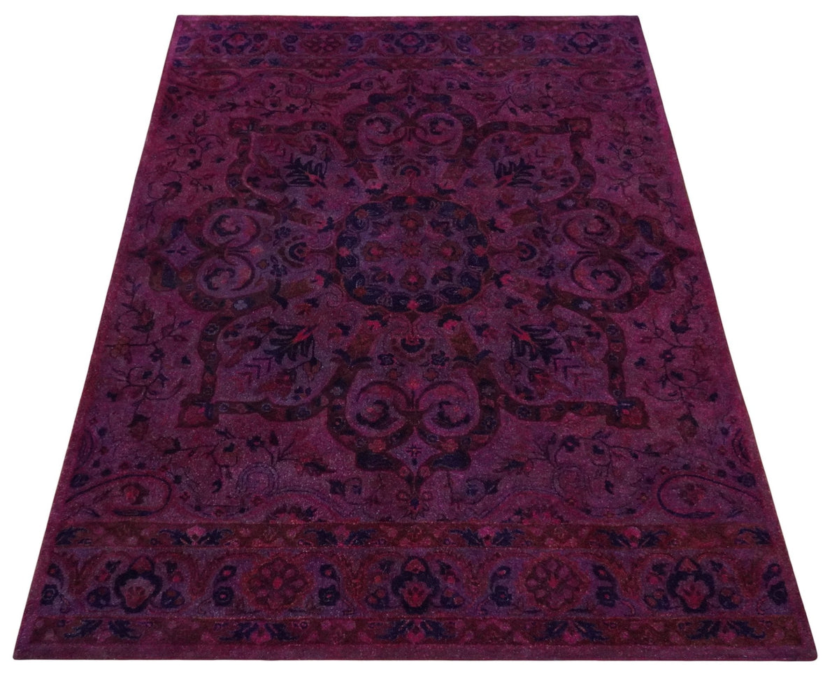 Overdyed Pink Traditional Floral Design Hand Tufted Wool Area Rug.