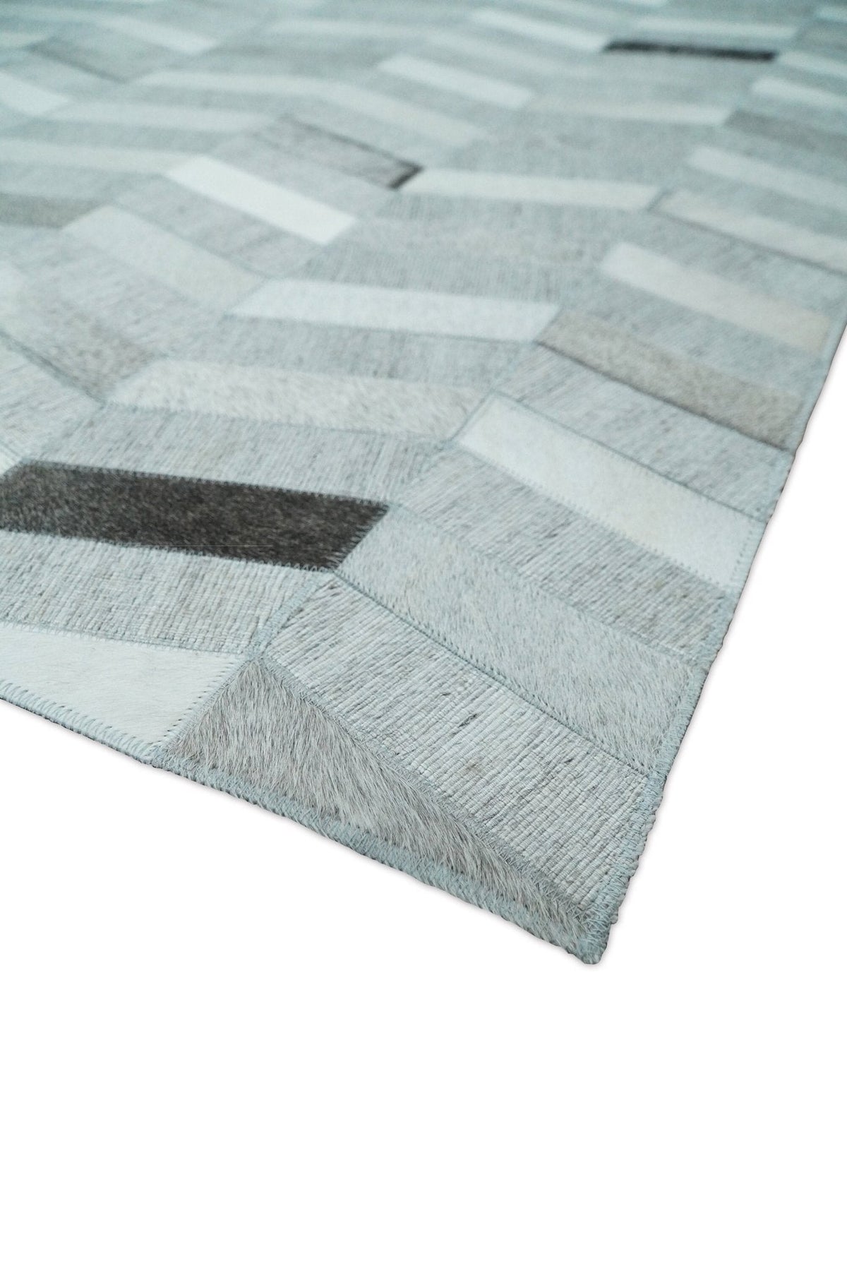 Custom Made Ivory and Silver Geometrical Handmade Leather Rug.