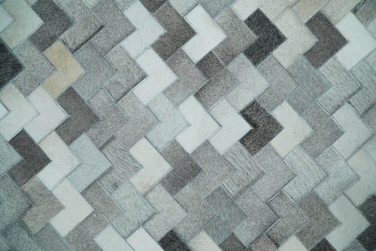 Custom Made Ivory and Gray Modern Geometrical Leather Rug.