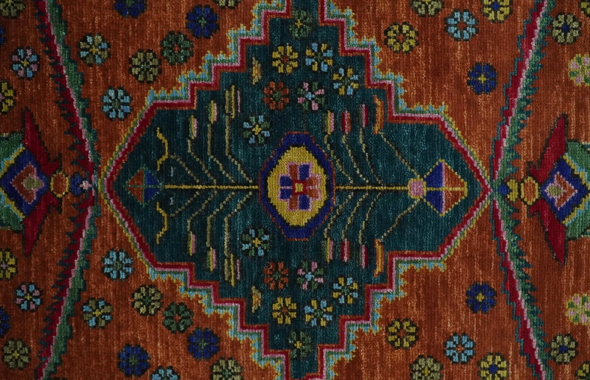 Hand Knotted Rust and Blue Traditional Floral Multi Size Wool Area Rug.