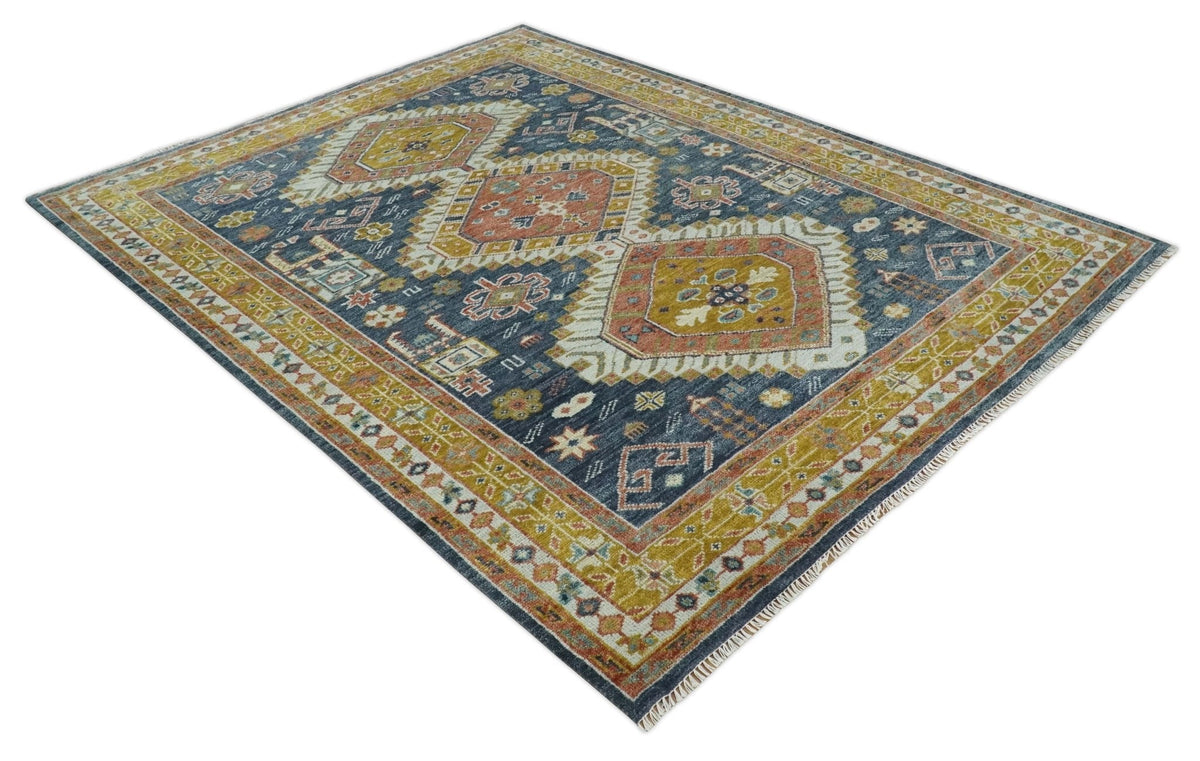 Rust, Gold and Blue Traditional Hand knotted Custom Made wool Area Rug.