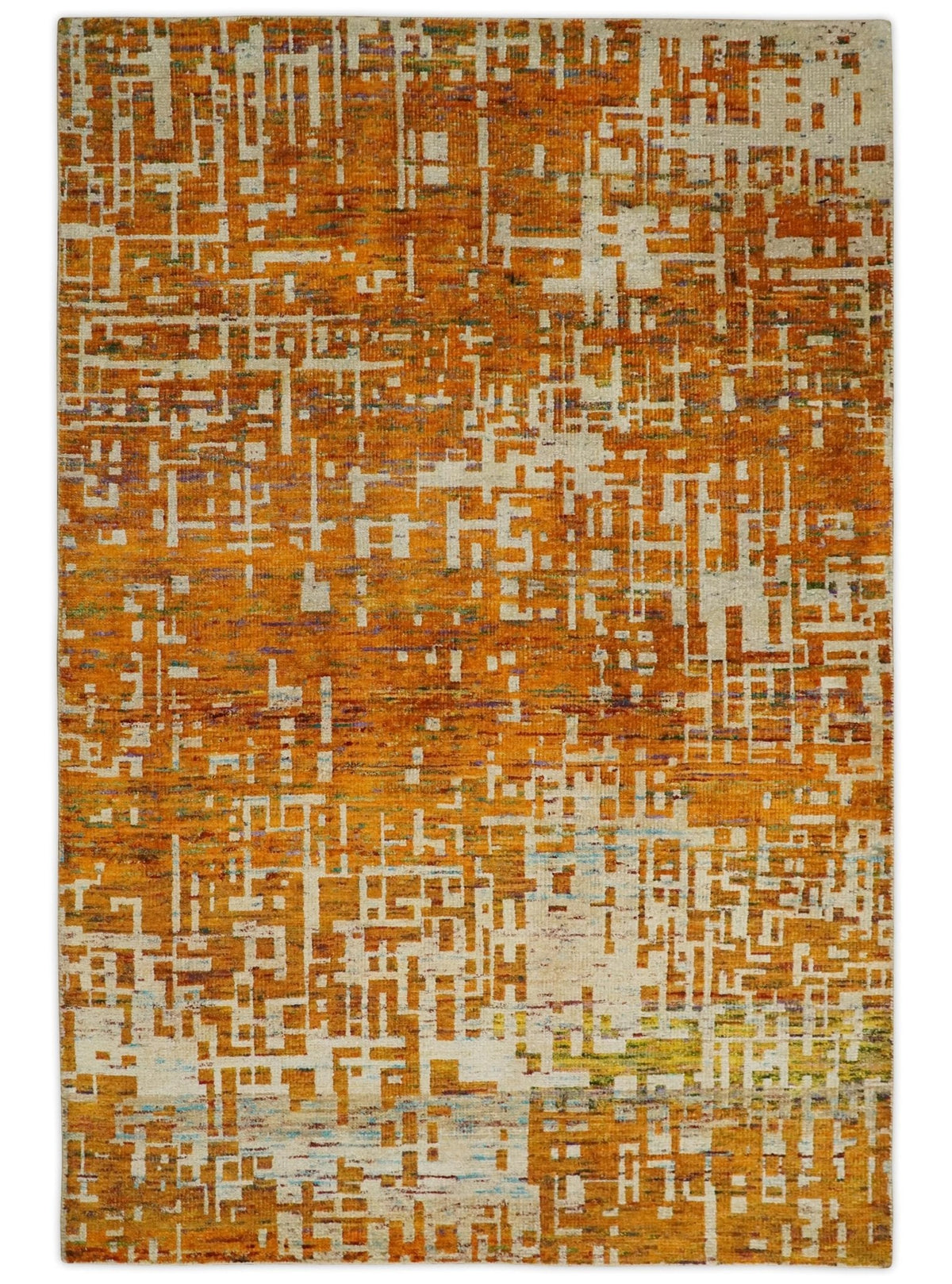 5x8 and 6x9 Gold, Rust and Ivory Modern Abstract Recycled Silk Rug.