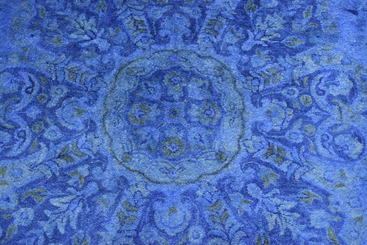 Hand Tufted Traditional Design Blue Overdyed Wool Area Rug.