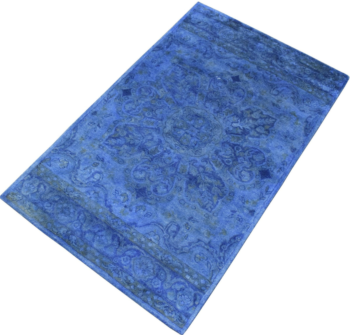 Overdyed Traditional Blue Hand Tufted Wool 5x8 Area Rug.