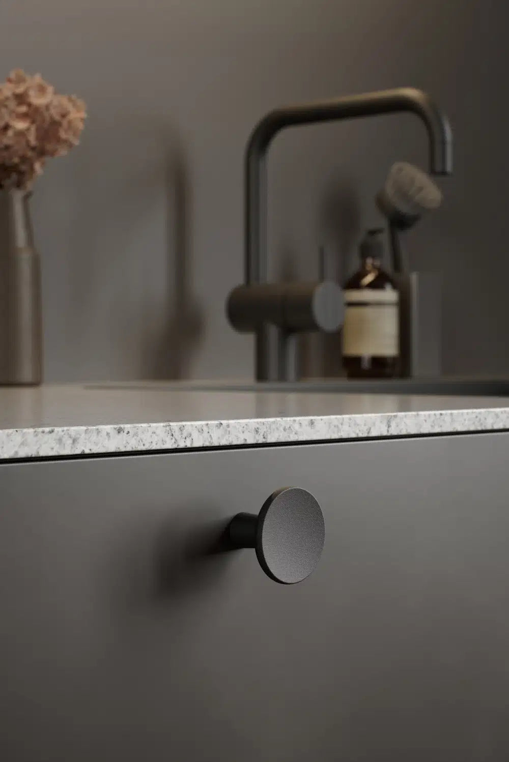Matte Black "Terra" Cabinet Knob and Drawer Pulls.
