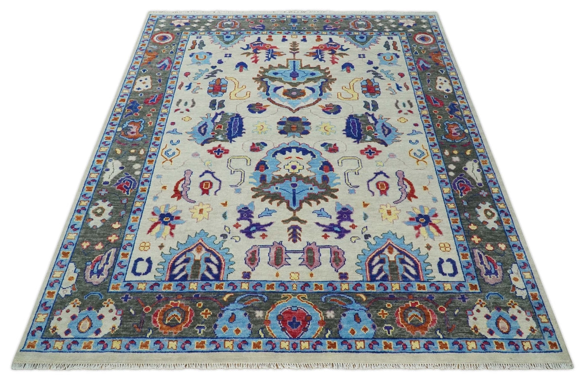 Custom Made Ivory and Gray Hand knotted Traditional Oushak wool Area Rug.