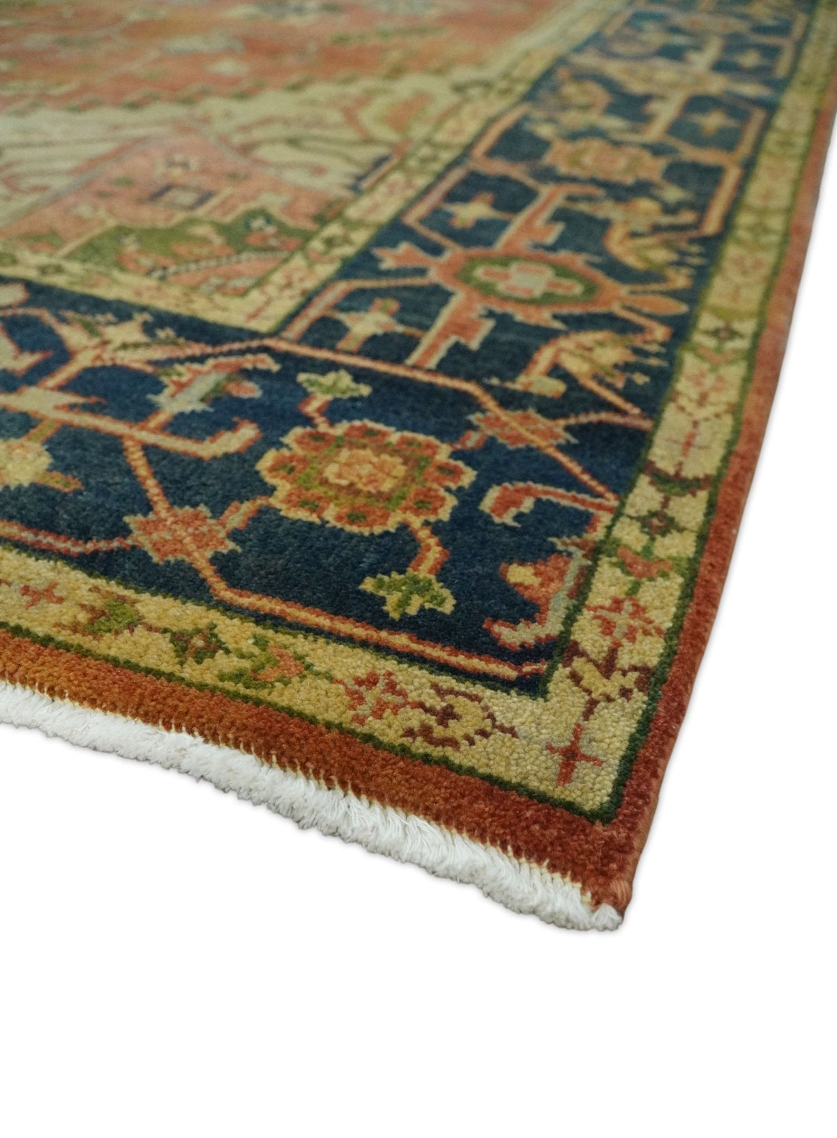 Rust And Blue Traditional Heriz Hand knotted Wool Area Rug.