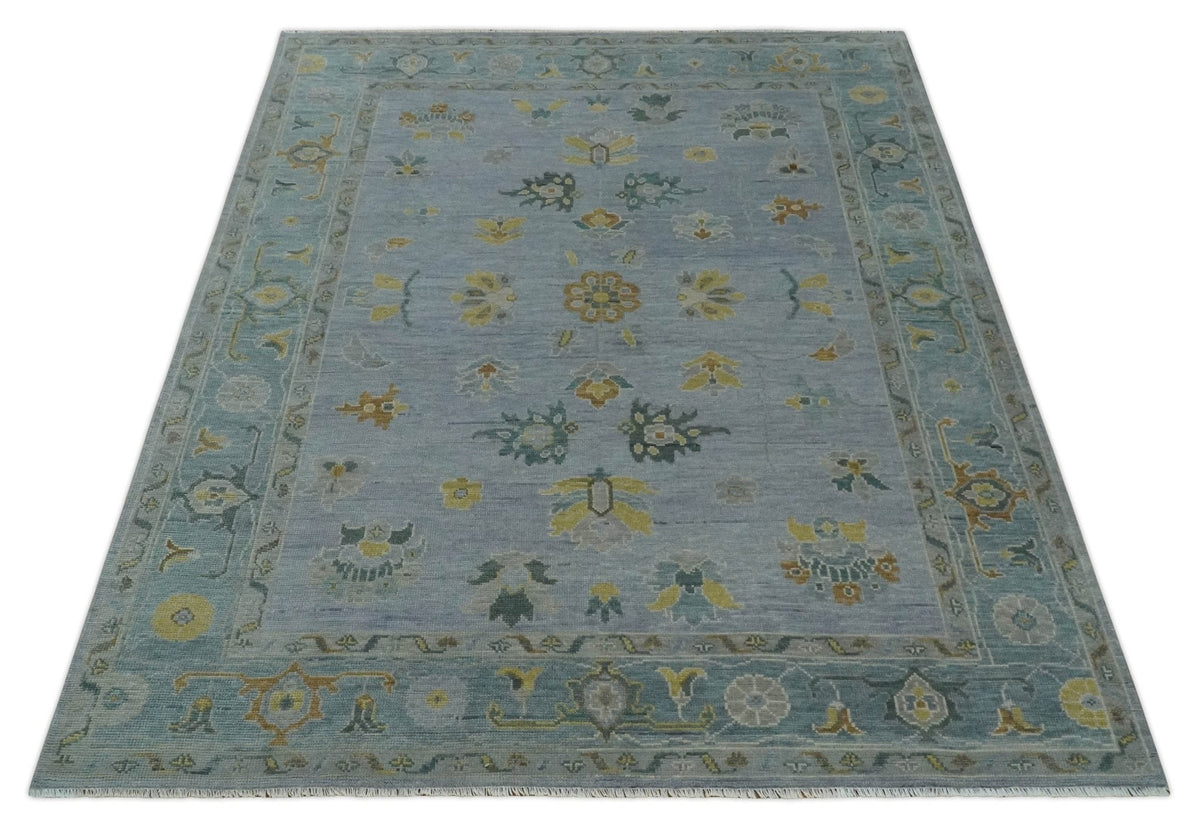Multi Size Charcoal, Aqua and Silver Hand Knotted Oushak Wool Area Rug.