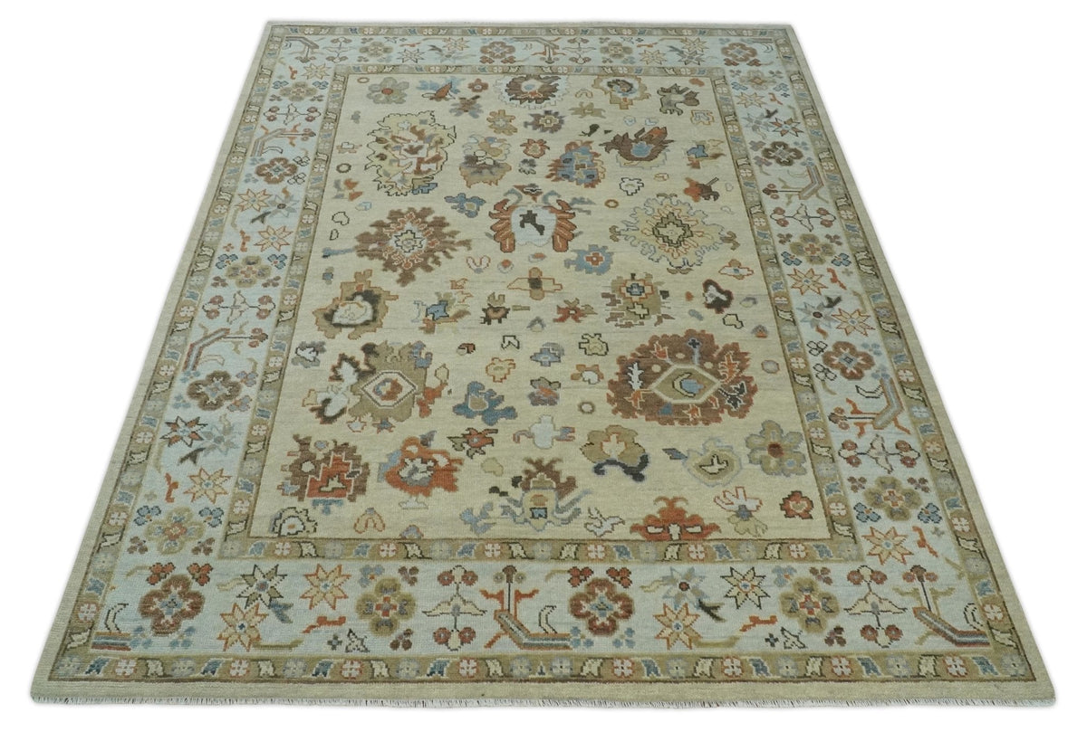 Hand Knotted Beige and Brown Traditional Oushak Wool Area Rug.