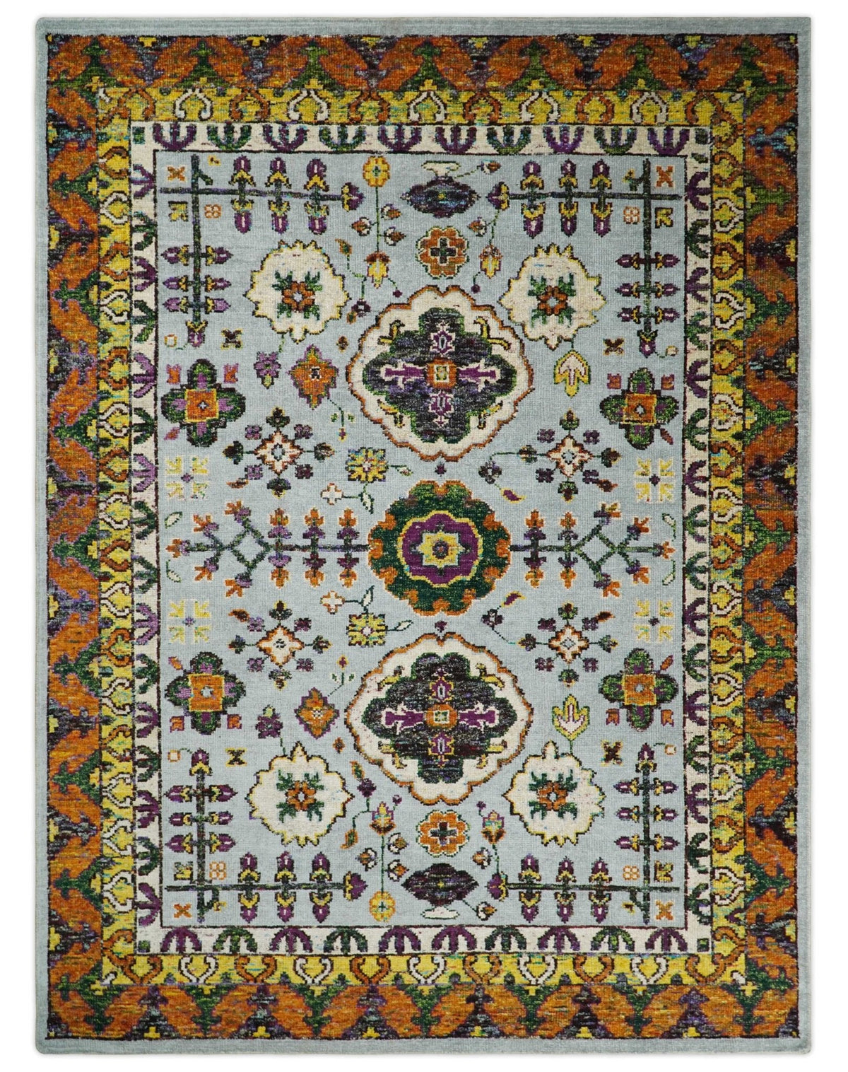 8x10 and 9x12 Hand Knotted Silver, Rust and Gold Persian Oushak made of Recycled Silk Area Rug.