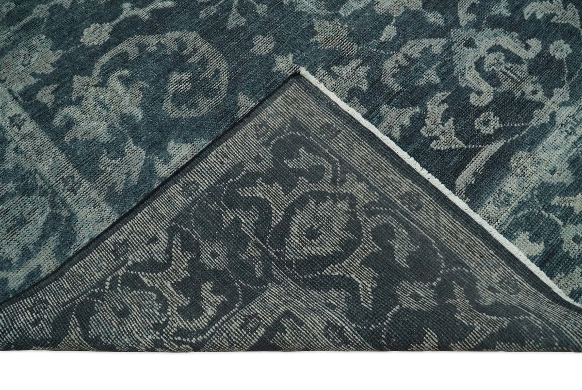 Antique Floral Distressed finished Hand Knotted Dark Teal and Beige Custom Made wool Area Rug.