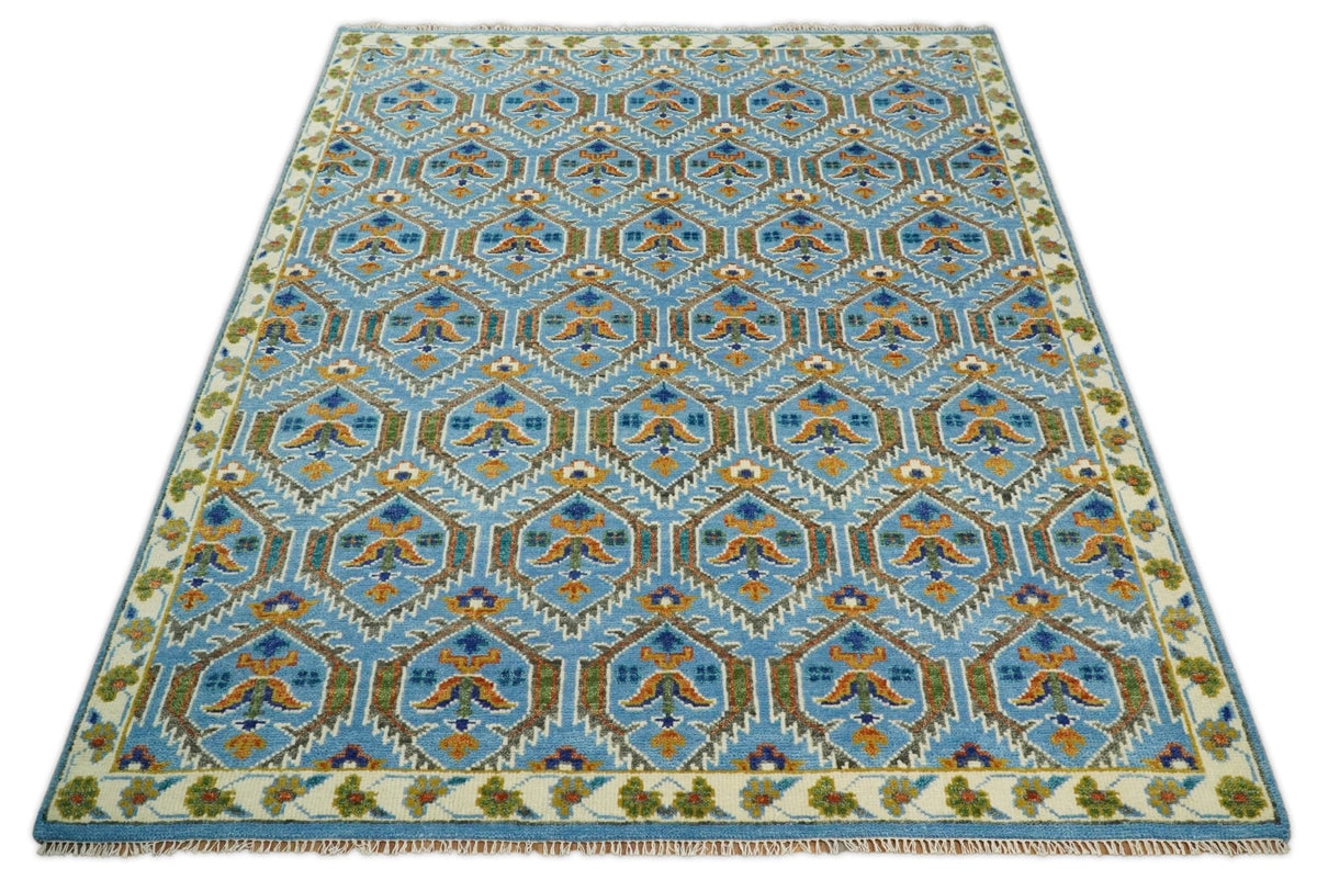 Blue, Brown and Beige Hand Knotted Wool Antique Vintage Style wool Area Rug.