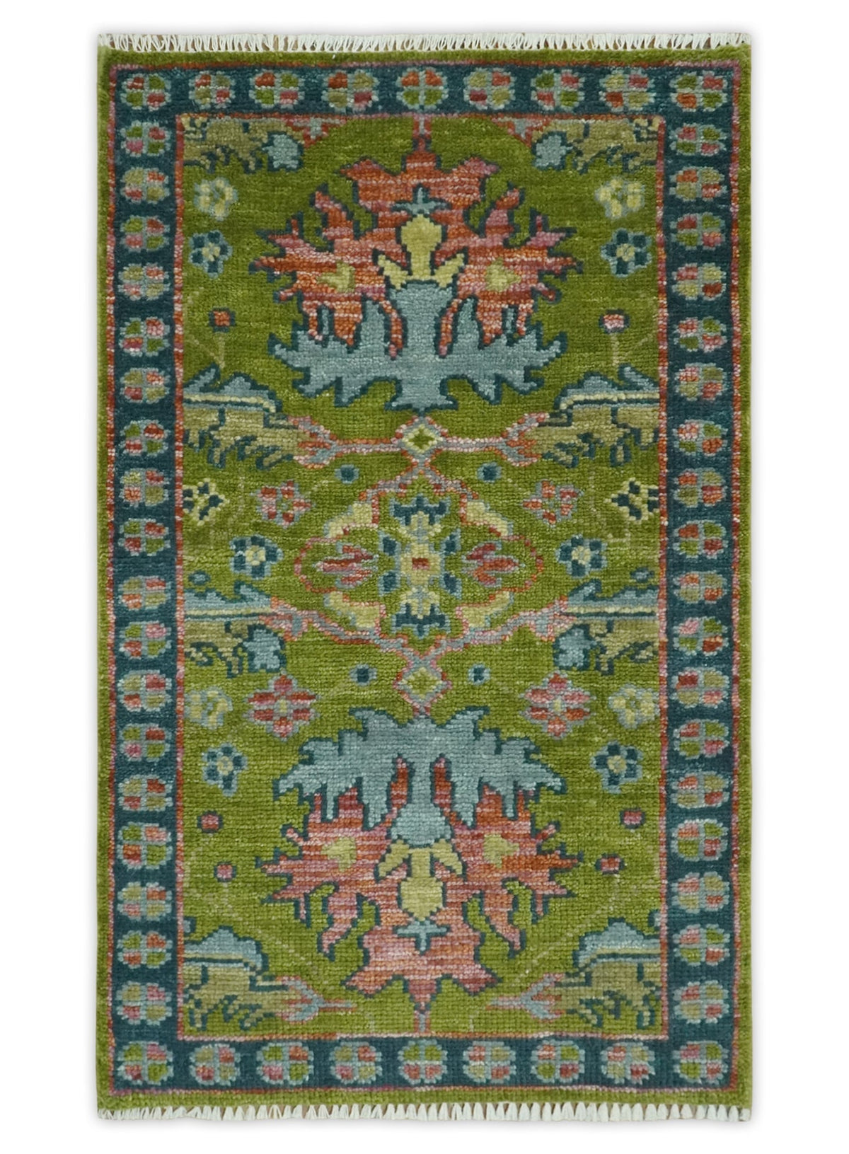 8x10 Green, Blue and Peach Hand Knotted Vibrant Donegal Floral Wool Rug.