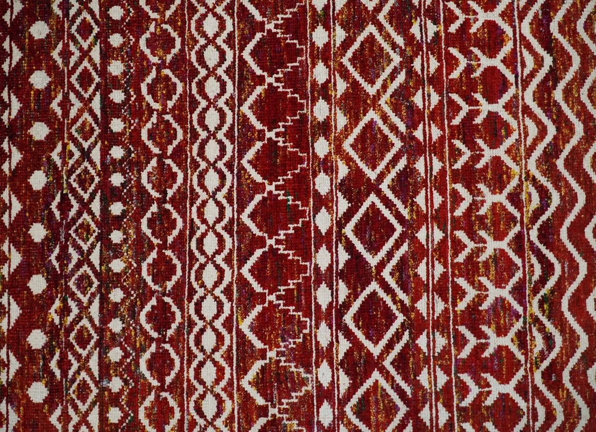 8x10 Hand Knotted Rust, Gold and White Modern Contemporary Southwestern Tribal Trellis Recycled Silk Area Rug.