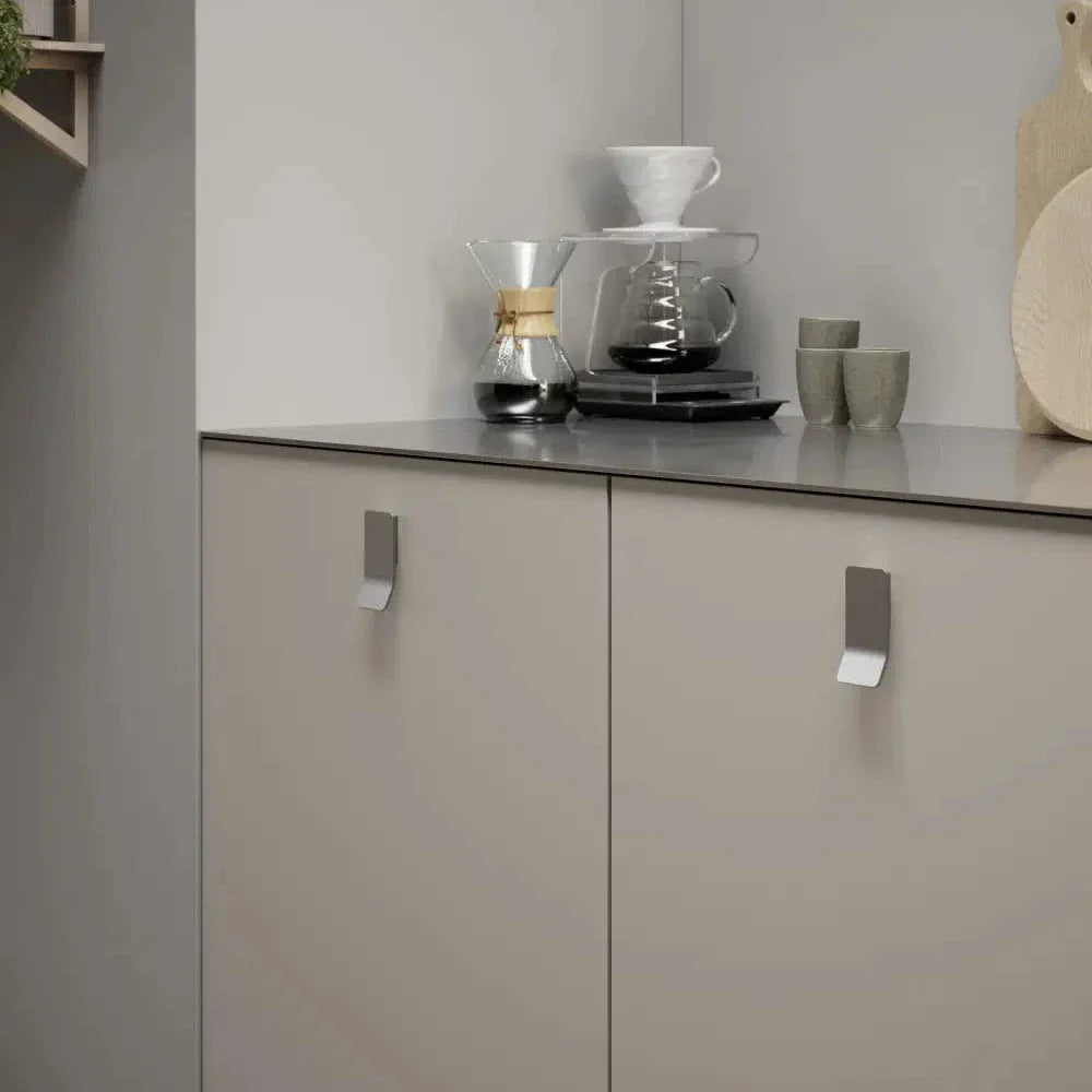 Satin Steel "Leaf" Tab Drawer Pulls.