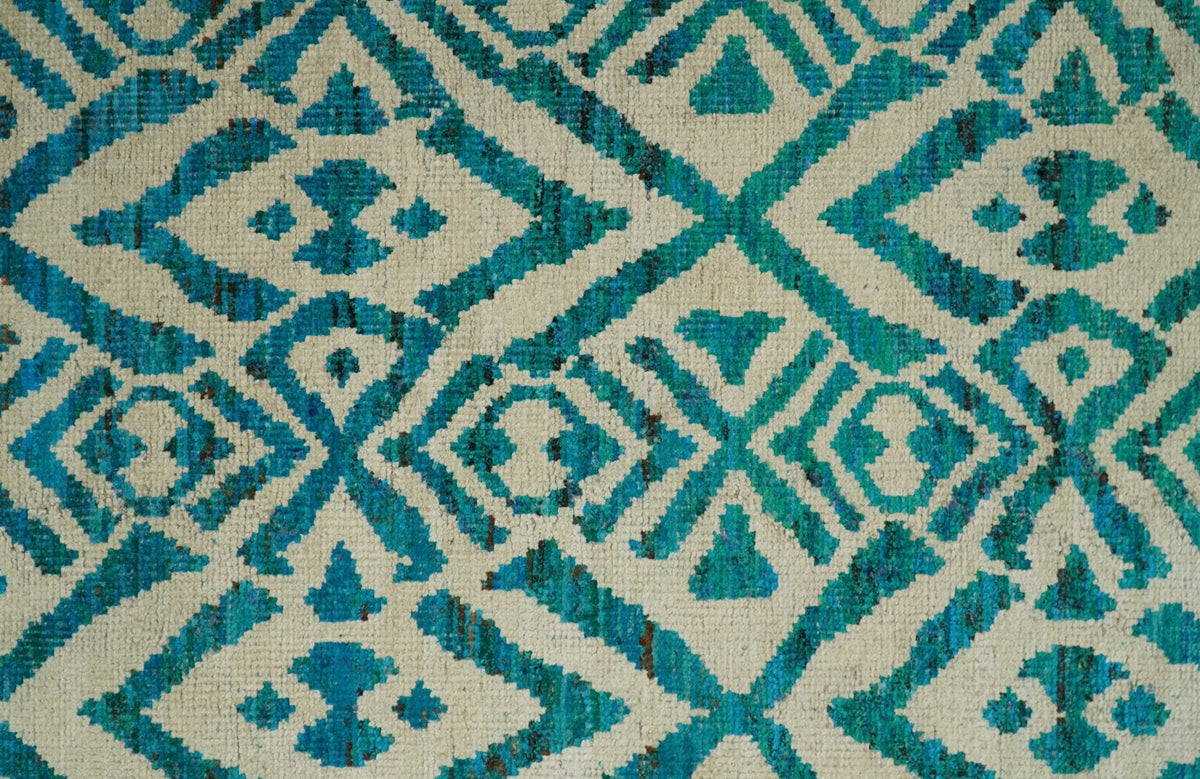 Hand Knotted Ivory and Blue Modern Contemporary Southwestern Tribal Trellis Recycled Silk Area Rug.