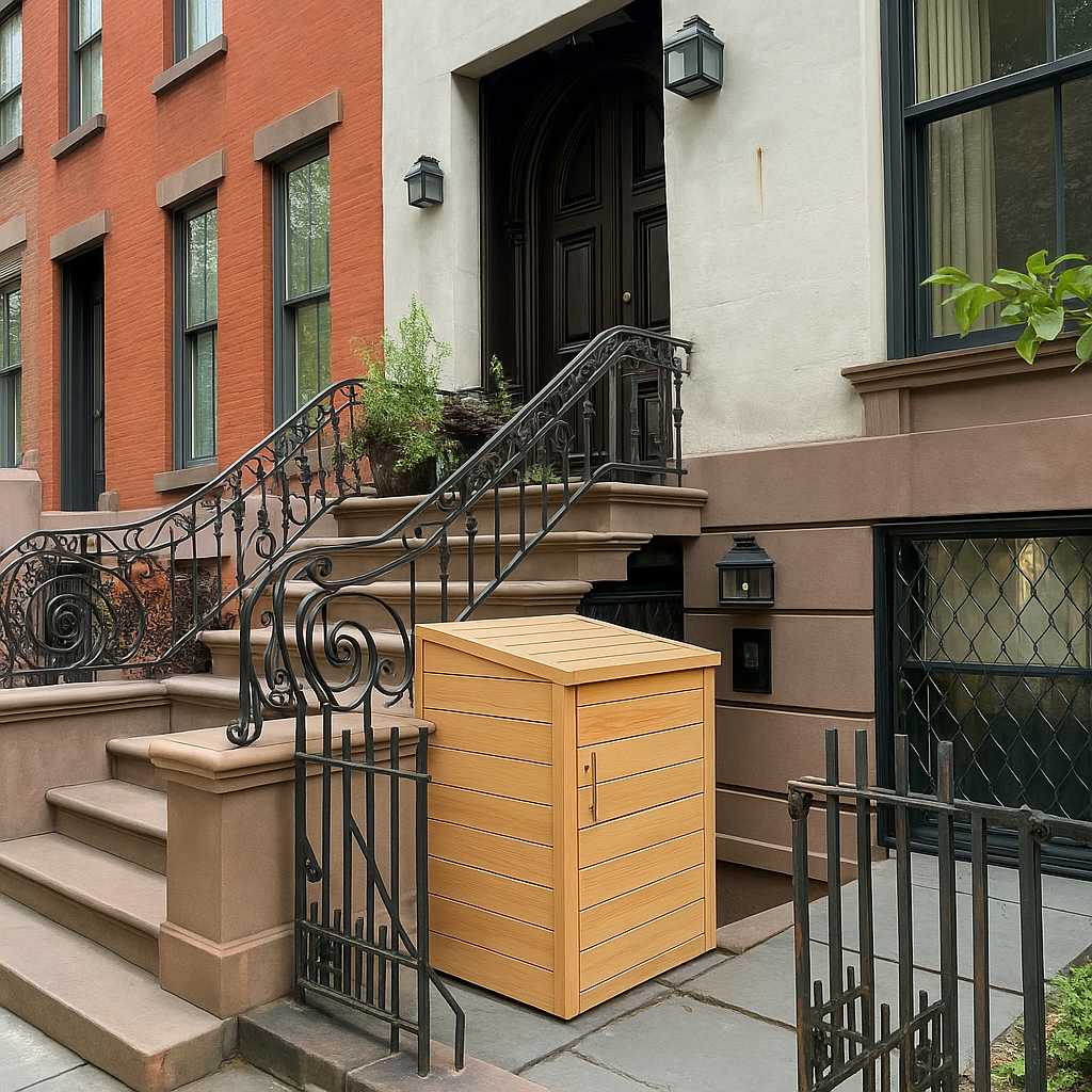 Wooden trash bin on a sidewalk in front of a residential building with steps and railing.