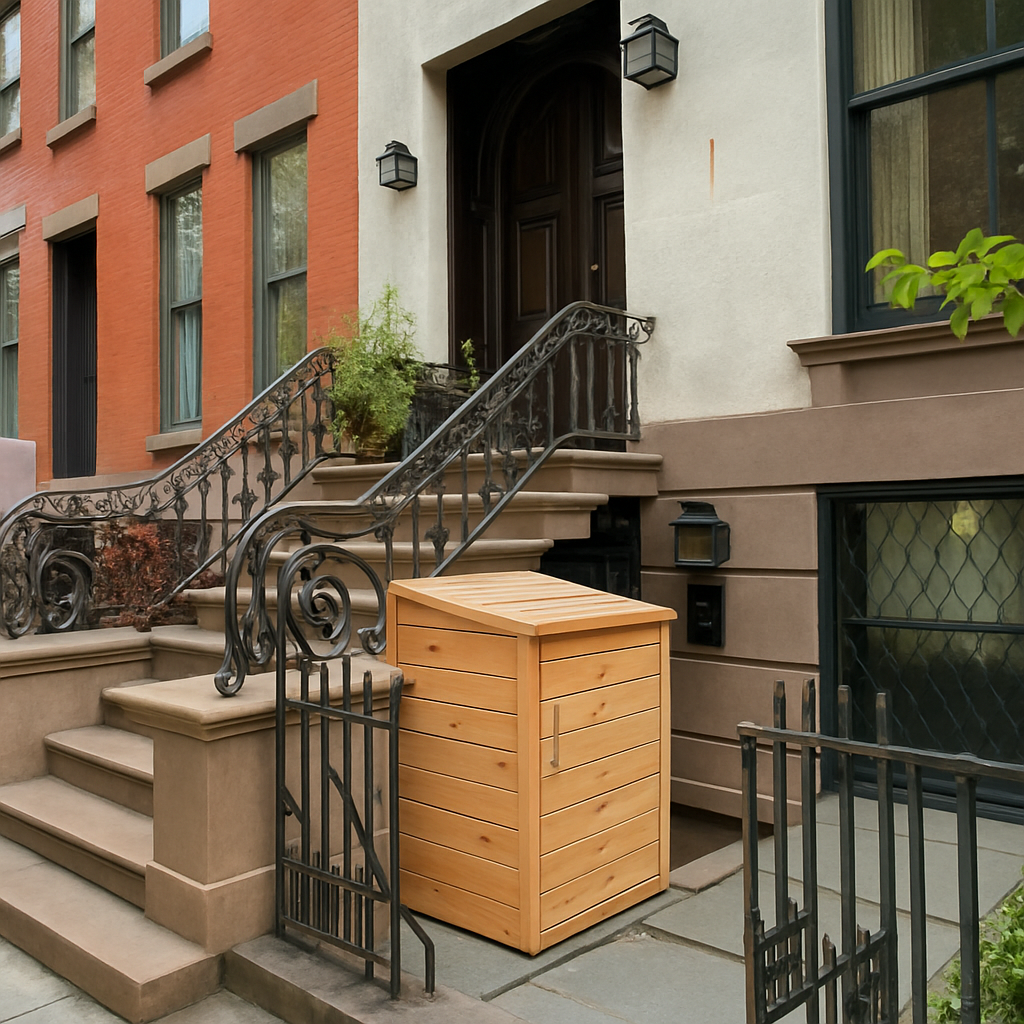 Wooden storage unit on a city street with a building in the background