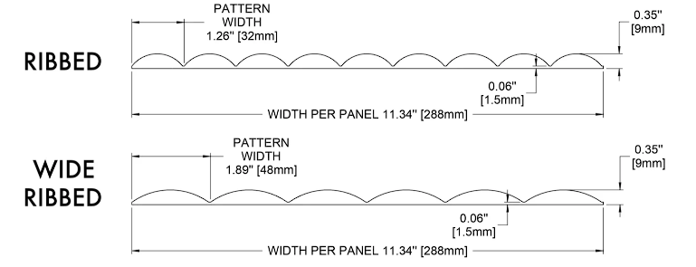 Technical diagram of ribbed and wide ribbed patterns with dimensions