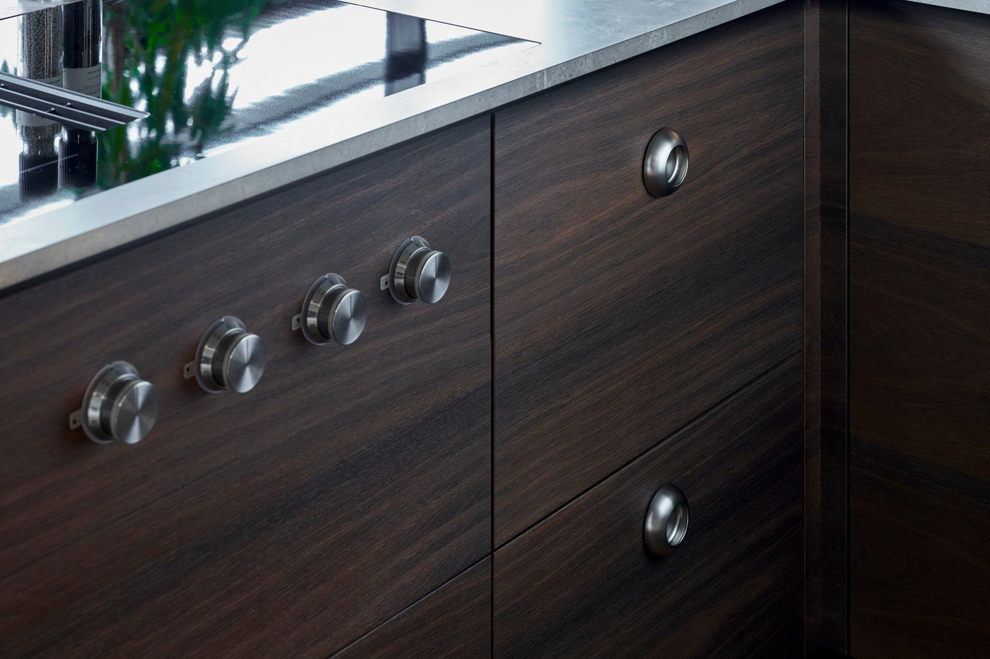 Satin Steel "Vibe" Cup Knob and Drawer Pull.