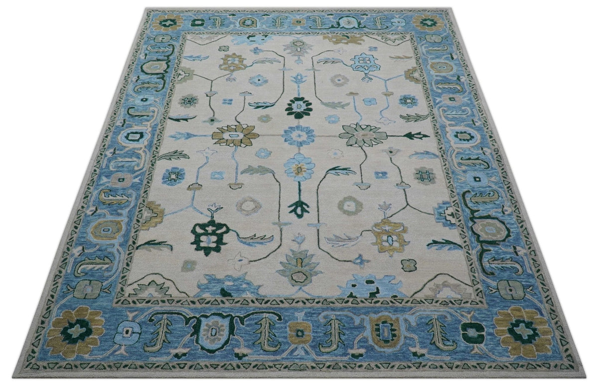 Allure Custom Made Traditional Oushak Beige And Blue Hand Tufted Wool Rug.
