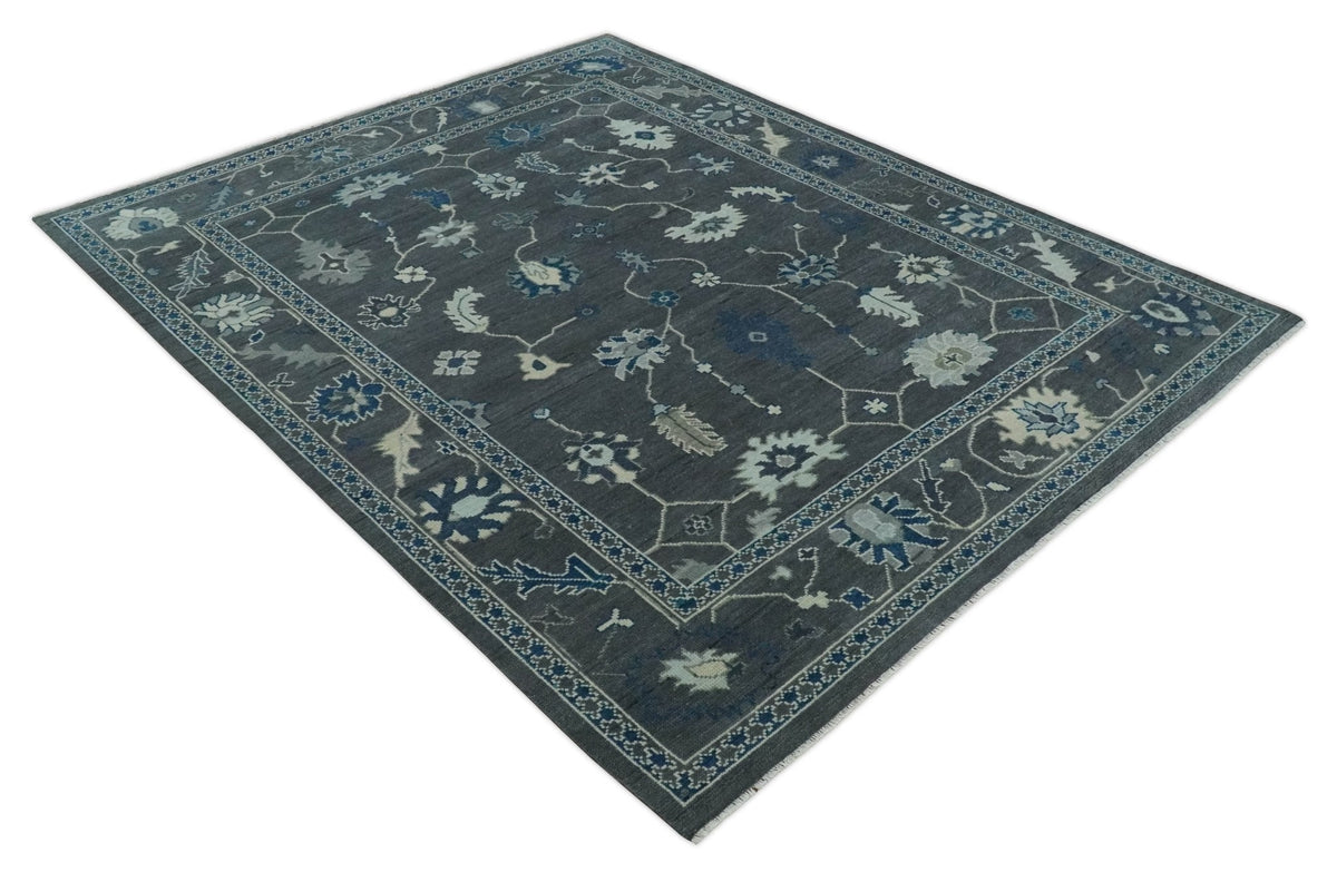 Antique Hand Knotted Oushak Charcoal and Blue Traditional Area Rug.
