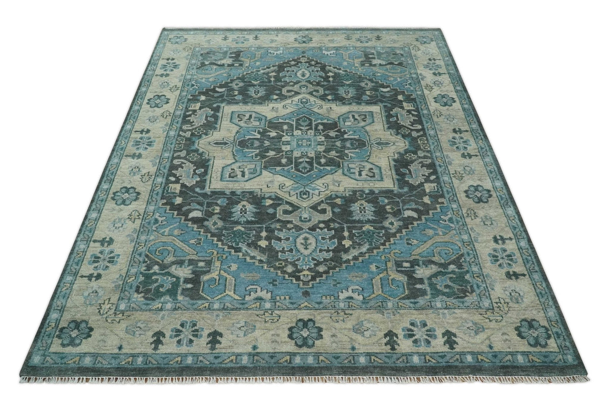 Antique look Hand Knotted Beige and Blue Traditional Heriz Wool Area Rug.