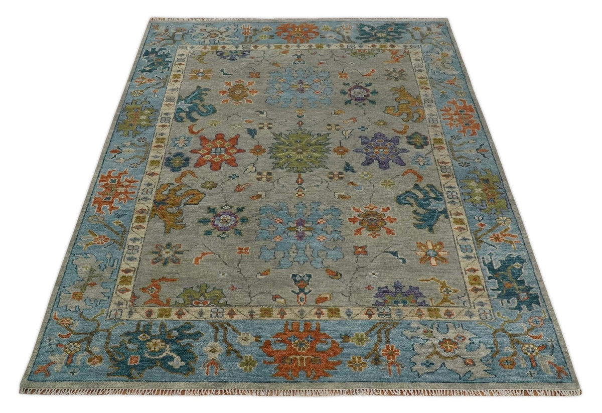 Antique Hand Knotted Gray, Beige and Blue Traditional Oushak Vintage Style Multi Size Wool area Rug.