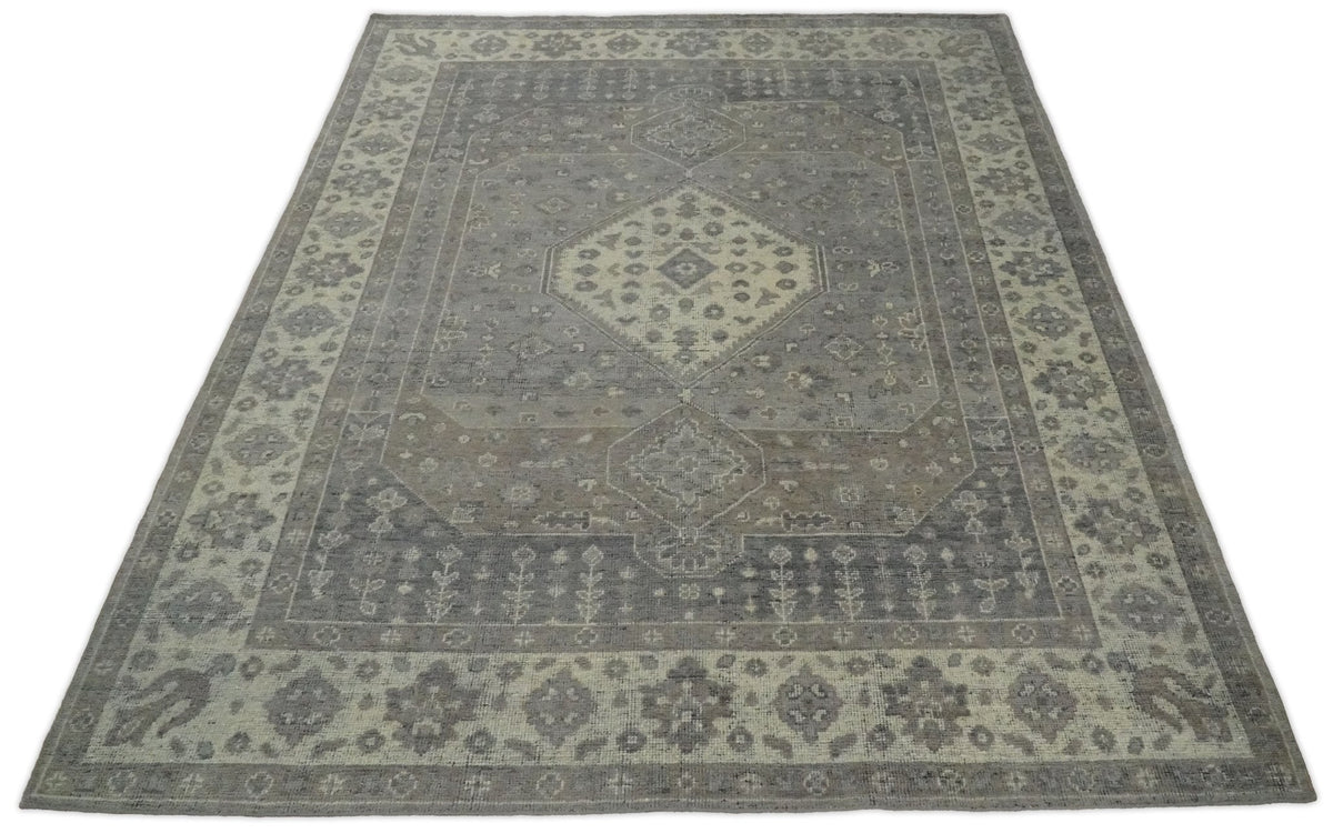 Custom Made Vintage Distressed Hand Knotted Serapi Gray and Beige Wool Area Rug.