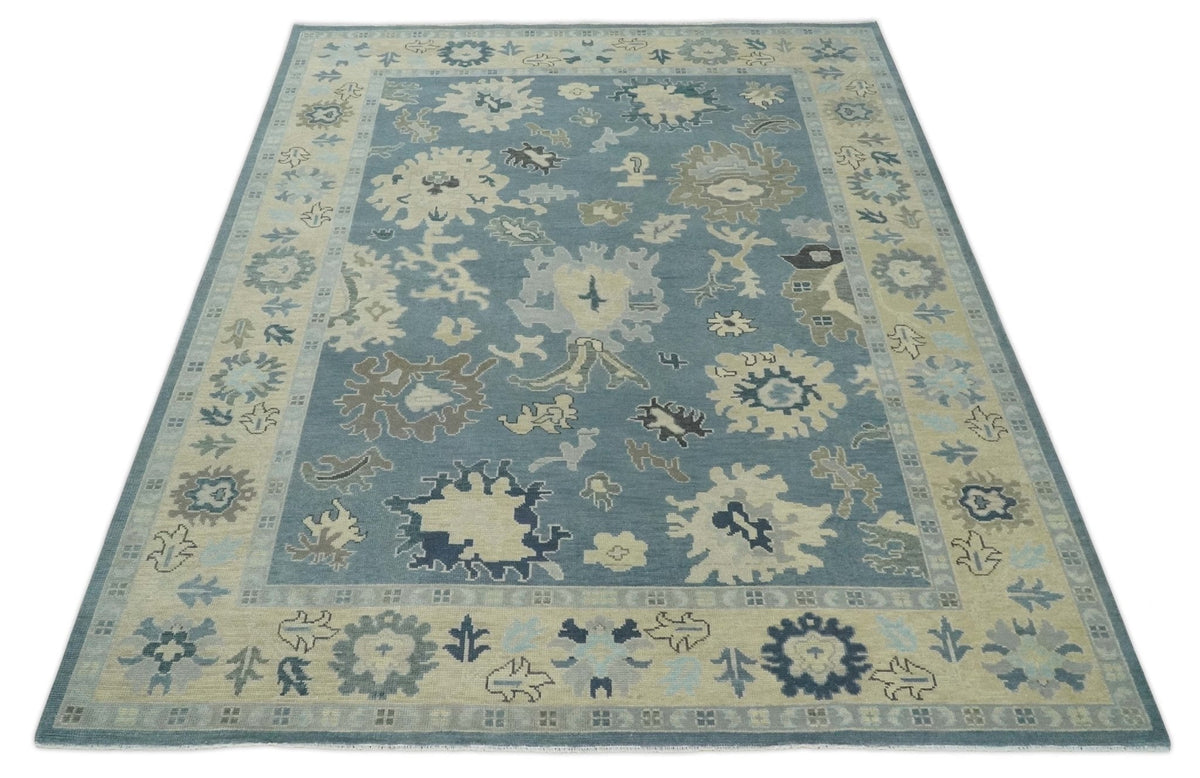 Antique Charcoal and Beige Hand Knotted Traditional Oushak Wool Area Rug.