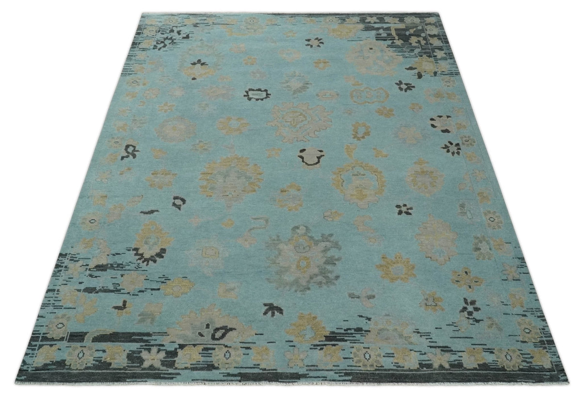 Antique Blue And Charcoal Hand knotted Traditional Oushak Wool Area Rug.