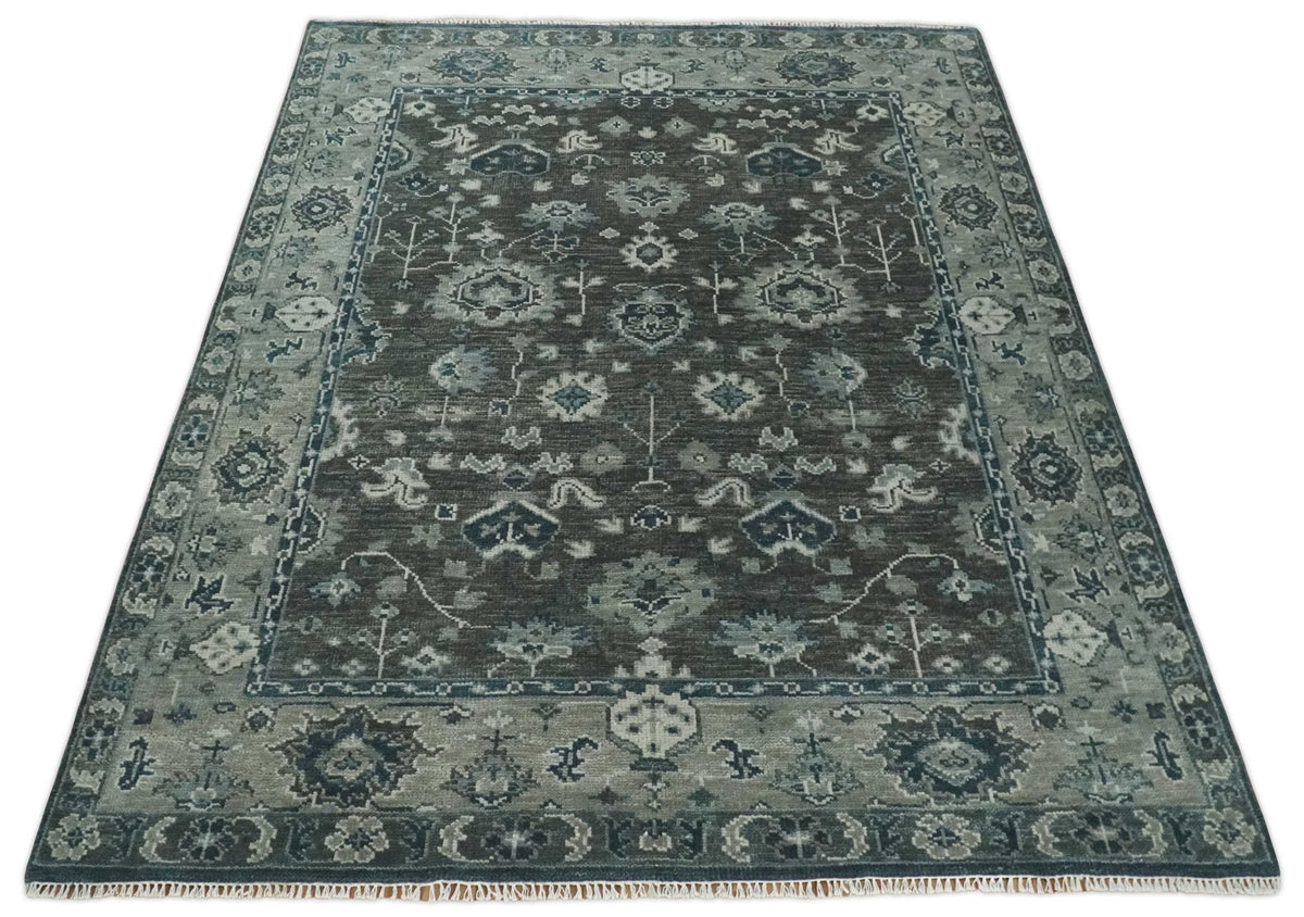 Antique Charcoal And Silver Hand Knotted Oushak Traditional Wool Rug.