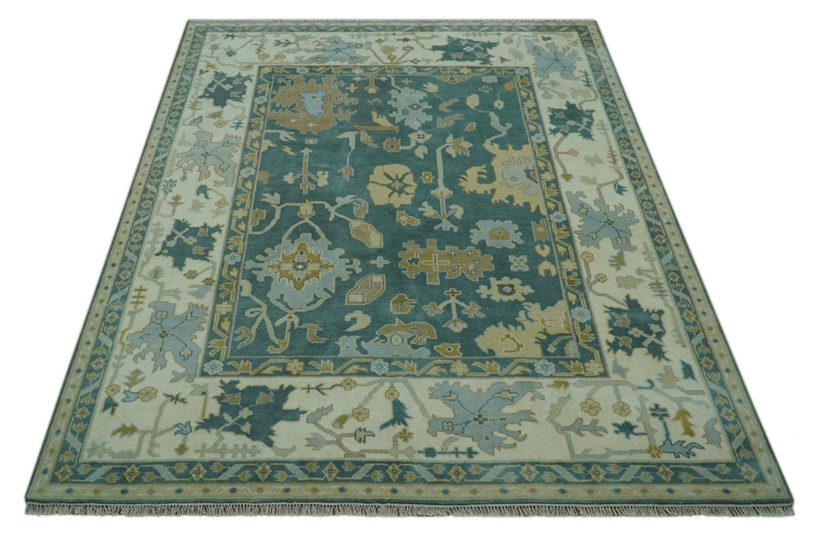 Antique Style Hand Knotted Teal and Ivory Oushak Multi Size wool Rug.