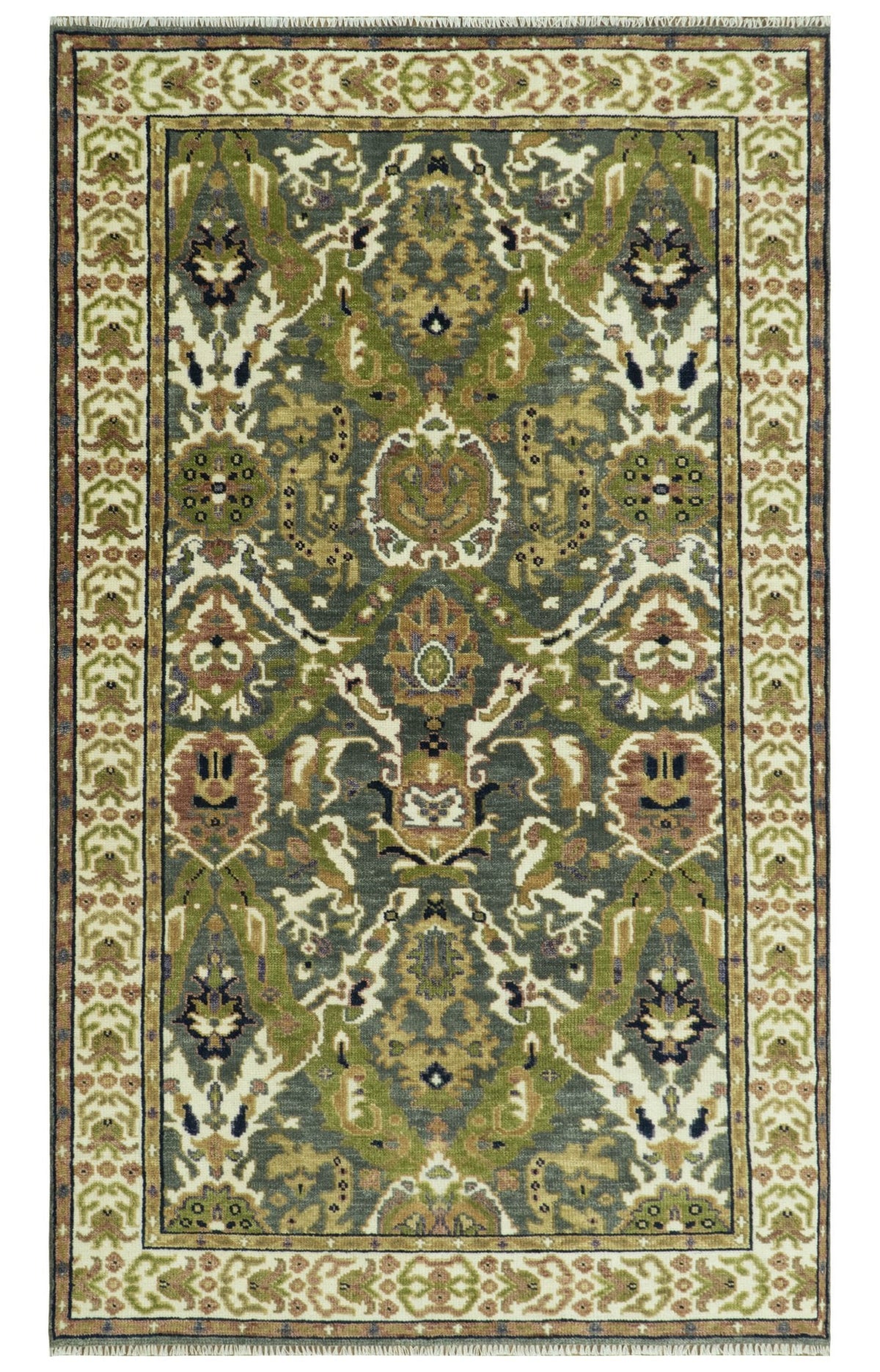 Antique look Hand knotted Green and Gray Traditional Large design wool Area Rug.
