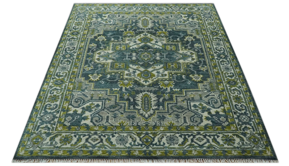 Antique Style Hand Knotted Teal, Gray and Green Traditional multi Size wool rug.